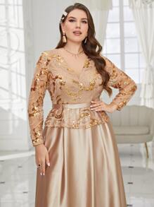 Modelyn Plus Sequin Detail Mesh Panel Dress - Champagne - View 6