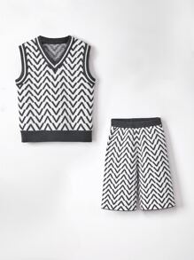 Toddler Girls Chevron Pattern Sweater Vest & Knit Shorts - Multicolor - View 1