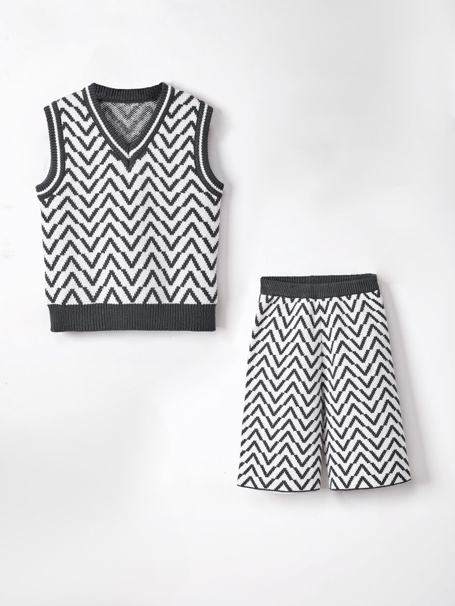 Toddler Girls Chevron Pattern Sweater Vest & Knit Shorts - Multicolor - View 1