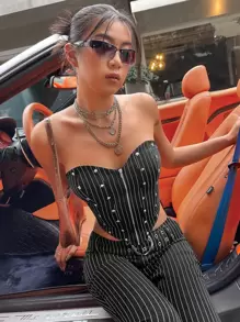 SHEIN ICON Zip Up Backless Metallic Tube Top - Black - View 1