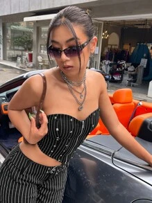 SHEIN ICON Zip Up Backless Metallic Tube Top - Black - View 5