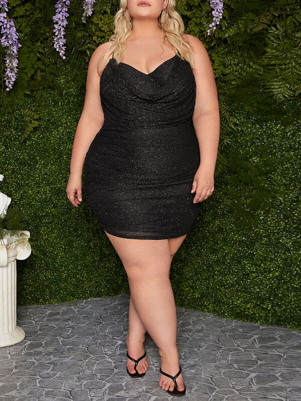 SHEIN CURVE+ فستان كامي ياقة مطوية لامع مقاس كبير
