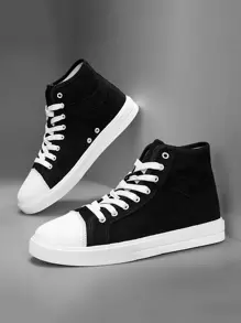 Men High Top Lace-up Front Canvas Shoes - Black - View 1