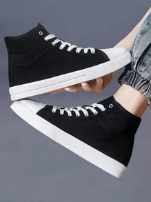 Men High Top Lace-up Front Canvas Shoes - Black - View 2