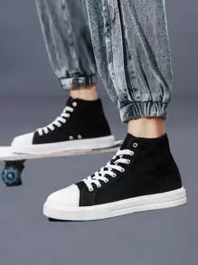 Men High Top Lace-up Front Canvas Shoes - Black - View 3