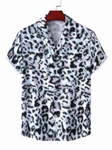 ROMWE MEN Guys Leopard Print Shirt - Blue - View 1