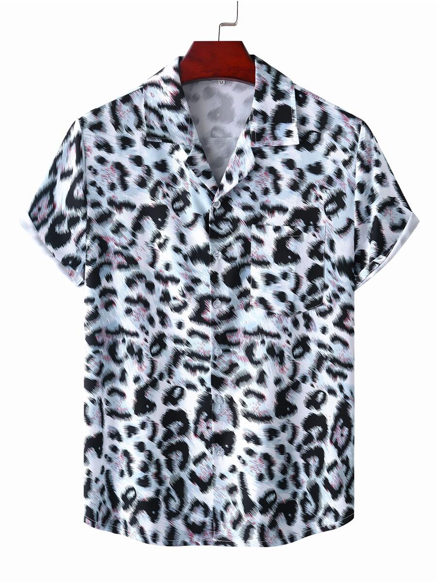 ROMWE MEN Guys Leopard Print Shirt - Blue - View 1