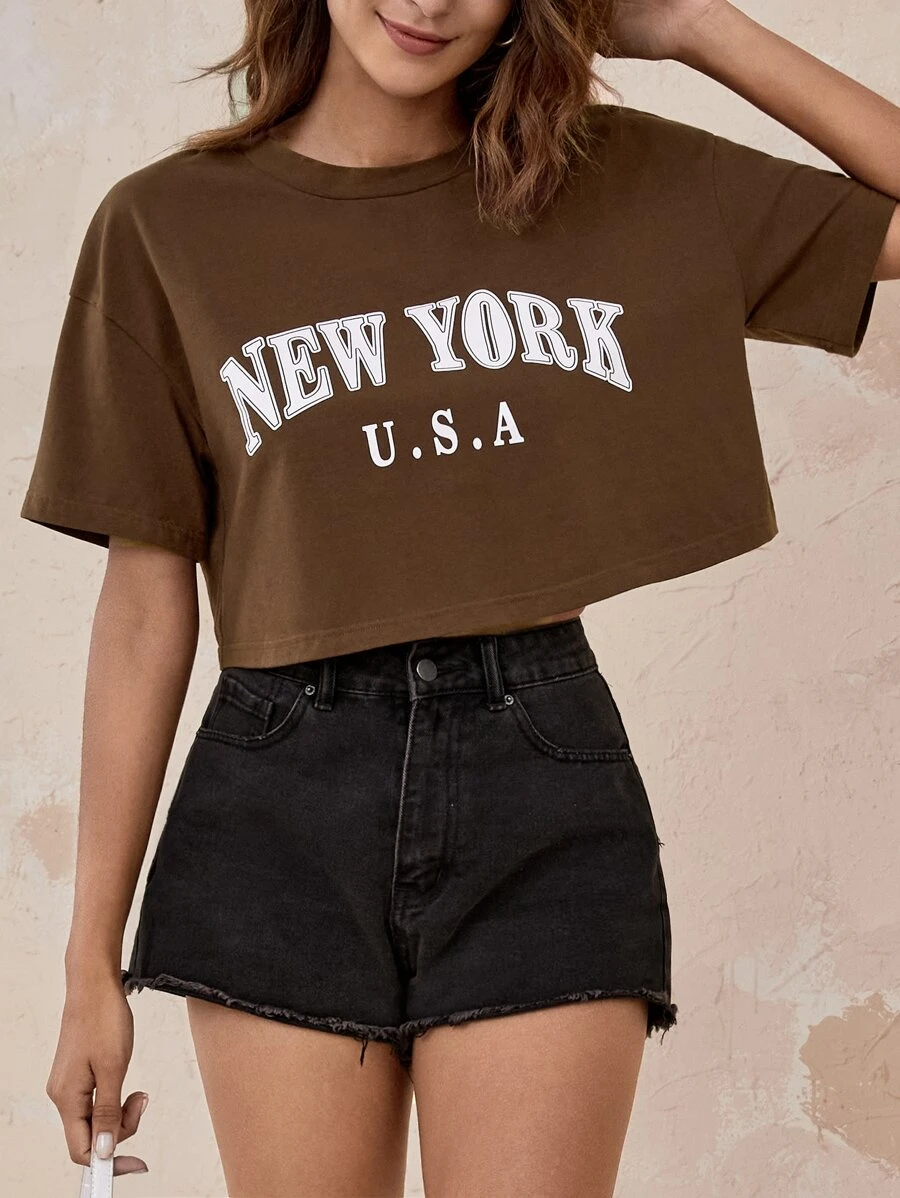 SHEIN Letter Graphic Drop Shoulder Tee - Coffee Brown - View 1