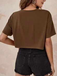 SHEIN Letter Graphic Drop Shoulder Tee - Coffee Brown - View 2