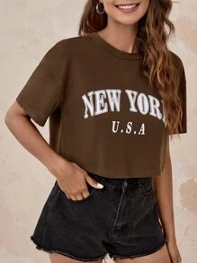 SHEIN Letter Graphic Drop Shoulder Tee - Coffee Brown - View 5