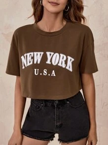 SHEIN Letter Graphic Drop Shoulder Tee - Coffee Brown - View 6