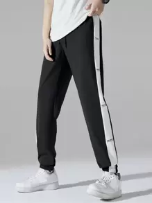 Manfinity Men Letter Graphic Contrast Sideseam Joggers - Black - View 4