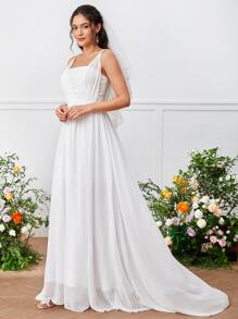 Contrast Lace Cami Chiffon Wedding Dress Without Veil - White - View 1