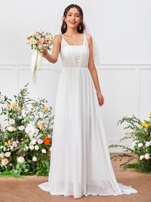 Contrast Lace Cami Chiffon Wedding Dress Without Veil - White - View 3