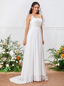 Contrast Lace Cami Chiffon Wedding Dress Without Veil - White - View 4