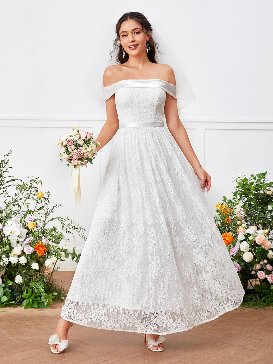 Off Shoulder Lace Wedding Dress Without Veil