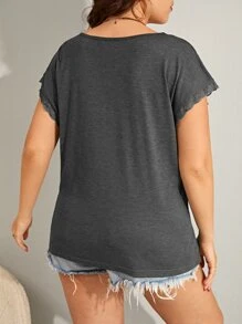 SHEIN LUNE Plus Lace Trim Batwing Sleeve Tee - Dark Grey - View 2