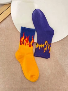 2雙男士火焰圖案中筒襪 - 彩色 - 查看 4