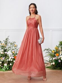 Tie Backless Halter Glitter Bridesmaid Dress - Orange - View 1