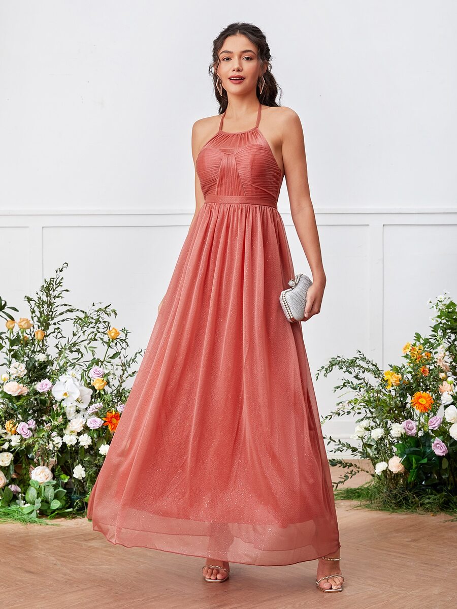 Tie Backless Halter Glitter Bridesmaid Dress - Orange - View 1