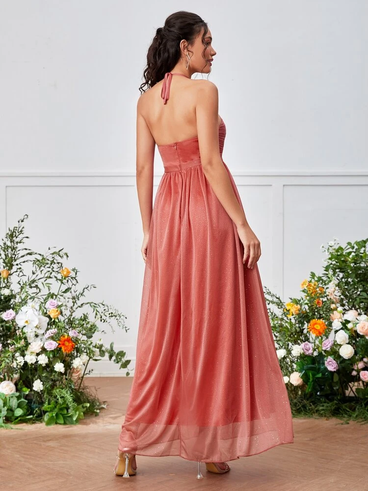 Tie Backless Halter Glitter Bridesmaid Dress