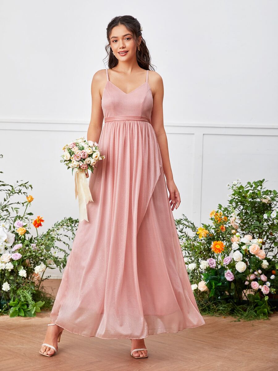 Chiffon Zip Back Cami Bridesmaid Dress - Pink - View 1