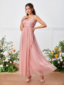 Chiffon Zip Back Cami Bridesmaid Dress - Pink - View 3