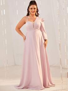 Giffniseti Plus Size Asymmetrical Shoulder Solid Dress - Baby Pink - View 3