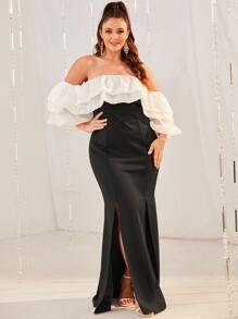 YISIKADO 大碼撞色蛋糕袖高衩洋裝