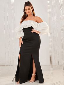 YISIKADO 大碼撞色蛋糕袖高衩洋裝