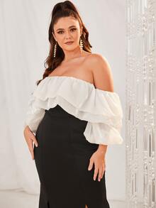 YISIKADO 大碼撞色蛋糕袖高衩洋裝