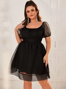 YISIKADO Đầm Plus Size Tương phản Mesh Dây kéo màu trơn Thanh lịch - màu đen - Xem 3