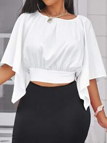 Chiquease Solid Tie Back Crop Blouse - White - View 1