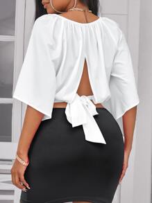 Chiquease Solid Tie Back Crop Blouse - White - View 3