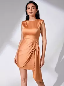 BizChic Solid Ruched Side Shoulder Padded Dress - Orange - View 1