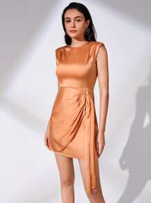 BizChic Solid Ruched Side Shoulder Padded Dress - Orange - View 3
