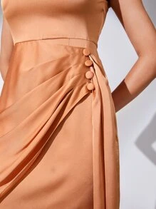 BizChic Solid Ruched Side Shoulder Padded Dress - Orange - View 4