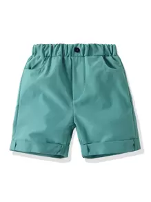 SHEIN Young Boy Fake Button Roll Hem Shorts - Green - View 1