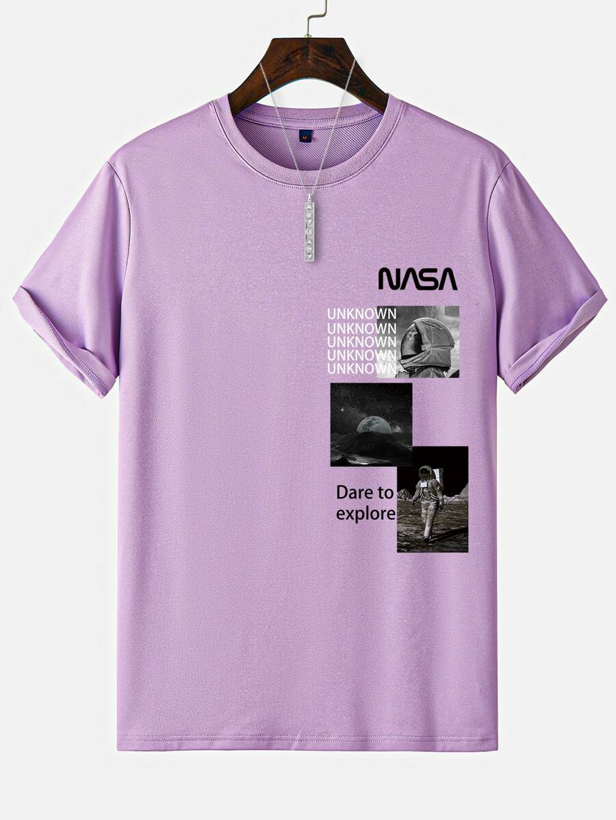 Manfinity Homme 男士照片和字母圖案T恤 - 紫丁香色 - 查看 1