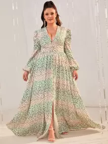 YISIKADO Plus Leopard Print Lantern Sleeve Split Hem Dress - Multicolor - View 1