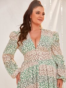 YISIKADO Plus Leopard Print Lantern Sleeve Split Hem Dress - Multicolor - View 3