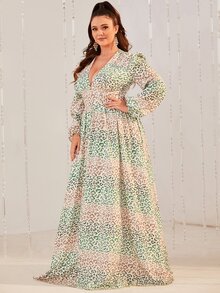 YISIKADO Plus Leopard Print Lantern Sleeve Split Hem Dress - Multicolor - View 4