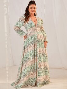 YISIKADO Plus Leopard Print Lantern Sleeve Split Hem Dress - Multicolor - View 5