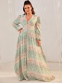 YISIKADO Plus Leopard Print Lantern Sleeve Split Hem Dress - Multicolor - View 6