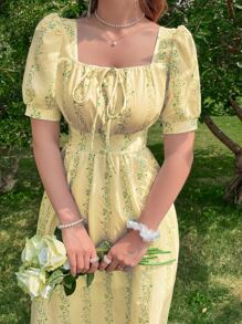 Mulvari Allover Plants Print Square Neck Knot Front Dress - Yellow - View 3