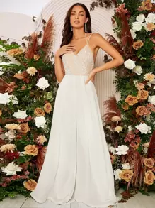 SHEIN Belle 对比亮片系带露背雪纺吊带白色优雅连体裤，婚礼，新娘