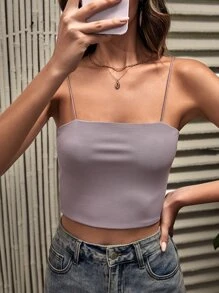 SHEIN Essnce Top de tirantes corto tejido de canalé unicolor - Púrpura polvoriento - Ver 4