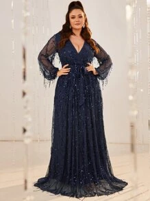 YISIKADO Plus Women Sequin Fringe Elegant Evening Dress Sexy Deep V Neck Mesh Maxi Dress Belted Long Sleeve Prom Party Dress Long Dress Wedding Guest Dinner Graduation - Navy Blue - View 2