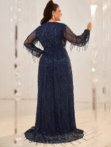 YISIKADO Plus Women Sequin Fringe Elegant Evening Dress Sexy Deep V Neck Mesh Maxi Dress Belted Long Sleeve Prom Party Dress Long Dress Wedding Guest Dinner Graduation - Navy Blue - View 3