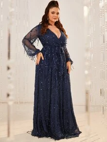 YISIKADO Plus Women Sequin Fringe Elegant Evening Dress Sexy Deep V Neck Mesh Maxi Dress Belted Long Sleeve Prom Party Dress Long Dress Wedding Guest Dinner Graduation - Navy Blue - View 4